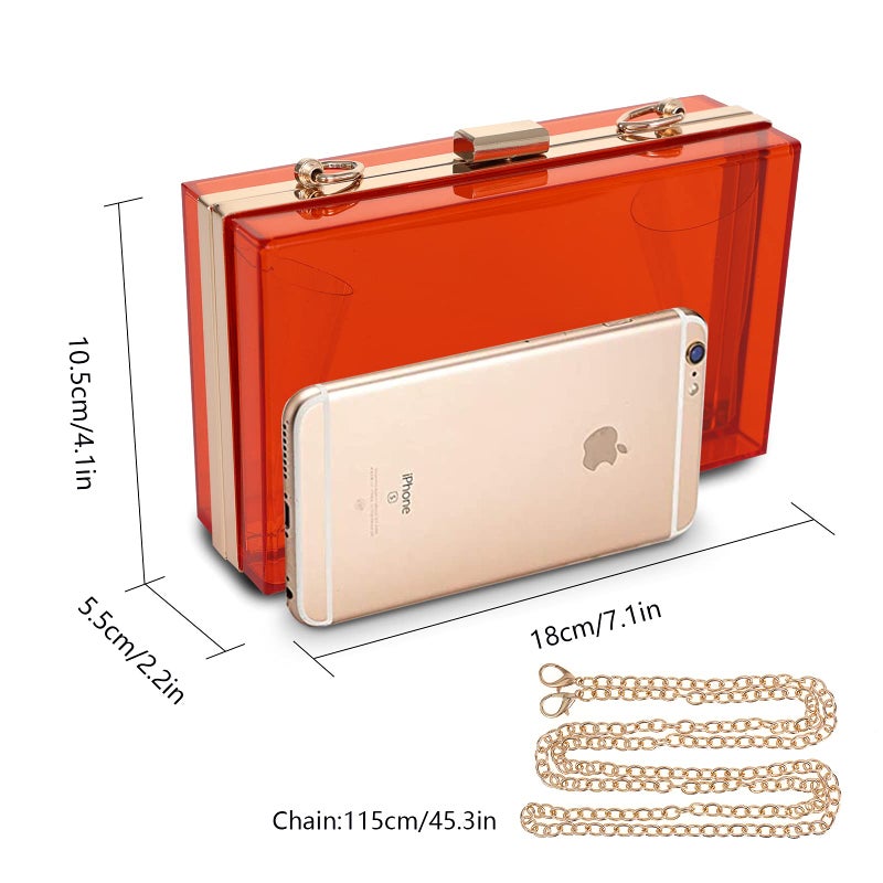 WJCD Women Clear Purse Acrylic Box Clutch Handbag, Small Transparent Crossbody Evening Bag Stadium Approved Gold Chain Strap (Red) - Image 2